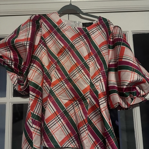 Gracia Check Pattern Puff Sleeve Peplum Top - Picture 2 of 6